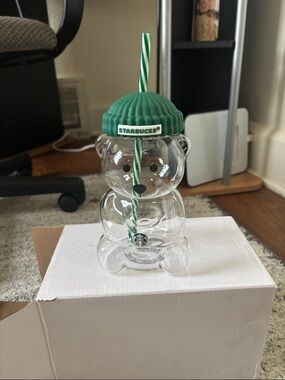 Starbucks Clear Bear Tumbler with Green Beanie Lid and Striped Straw